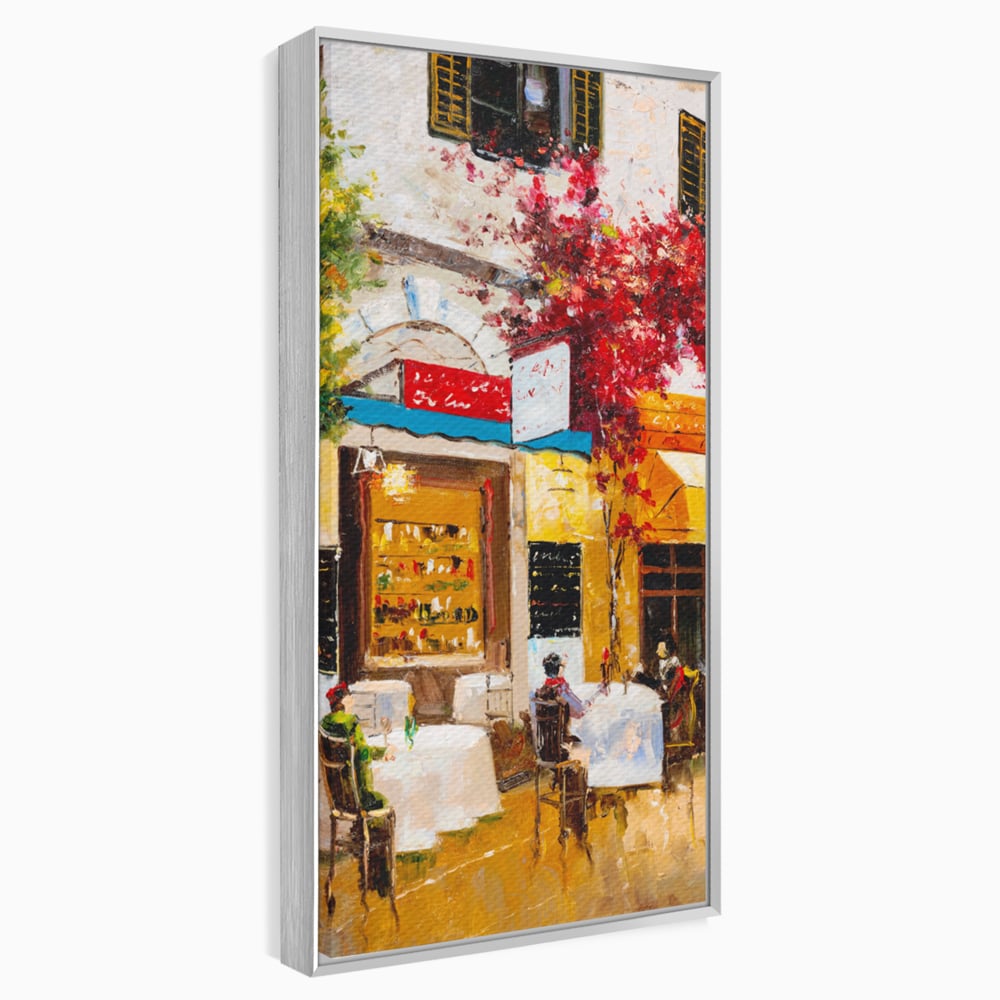 Tablou canvas cu pictura stradala cu terasa, in rama de aluminiu argintiu
